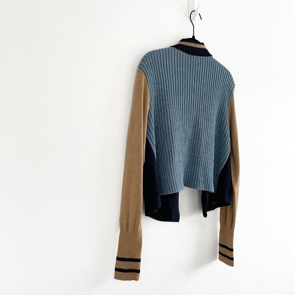 Cabi Turn Back Cardigan Sweater Open Front Medium Academia Navy Tan Chunky Knit - Picture 10 of 16